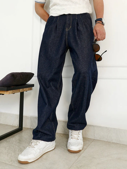 Pleated Denim Jeans for Men with Durable Fabric and Trendy Look