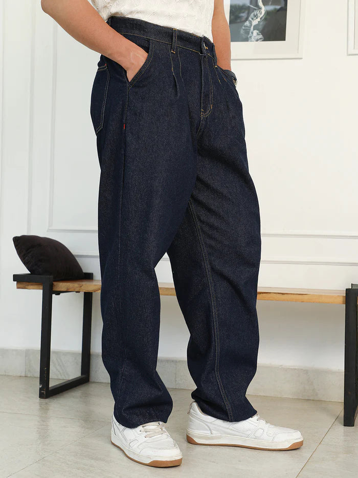 Pleated Denim Jeans for Men with Durable Fabric and Trendy Look