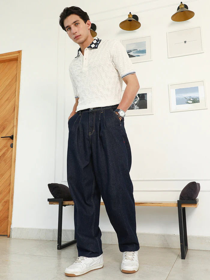 Pleated Denim Jeans for Men with Durable Fabric and Trendy Look