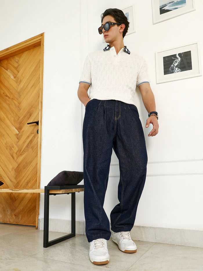 Pleated Denim Jeans for Men with Durable Fabric and Trendy Look