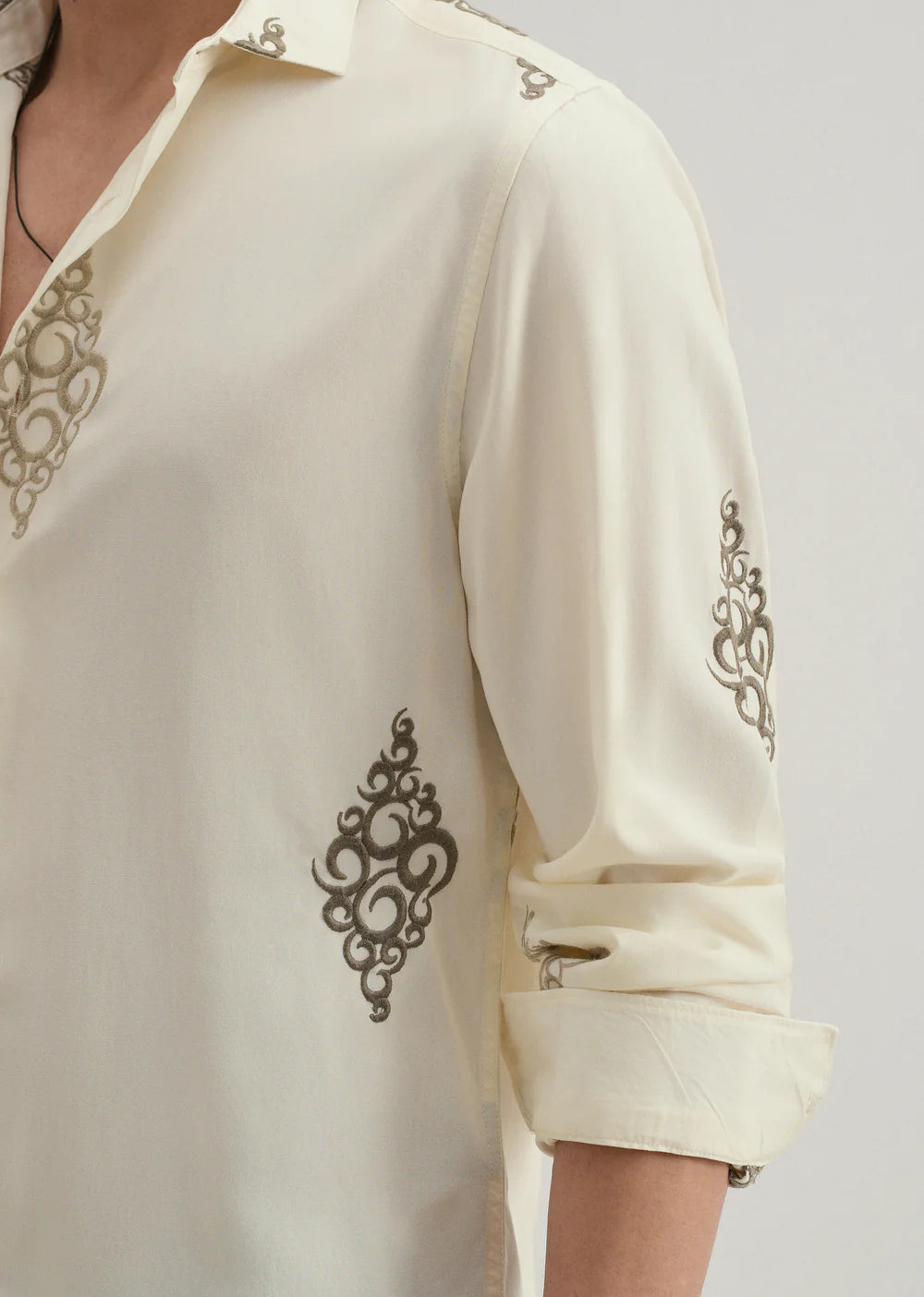 Comfortable Cream Embroidered Shirt for Men Featuring Circular Motif Design