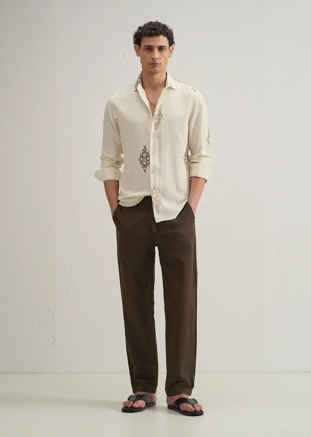 Comfortable Cream Embroidered Shirt for Men Featuring Circular Motif Design