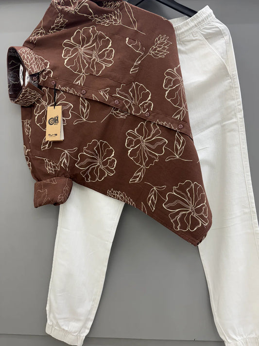 Men’s Stylish Linen Printed Shirt Paired with Comfortable Linen Pant for Summer Wear