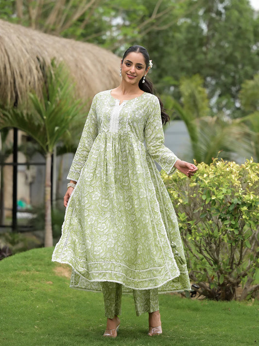 Party Ready Green Floral Print Cotton Nyra Cut Kurta Pant Set for Women