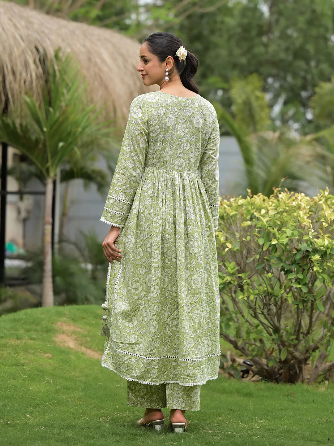 Party Ready Green Floral Print Cotton Nyra Cut Kurta Pant Set for Women