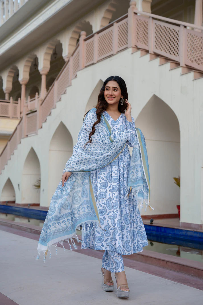 Women Designer Block Printed Kurta Dupatta Ensemble
