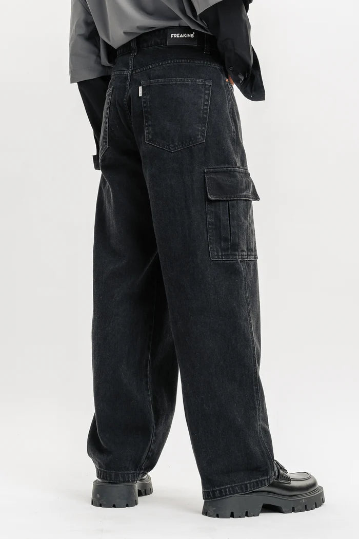 Coal Cut Baggy Straight Cargo Jeans for Men with Multiple Pockets and Relaxed Fit