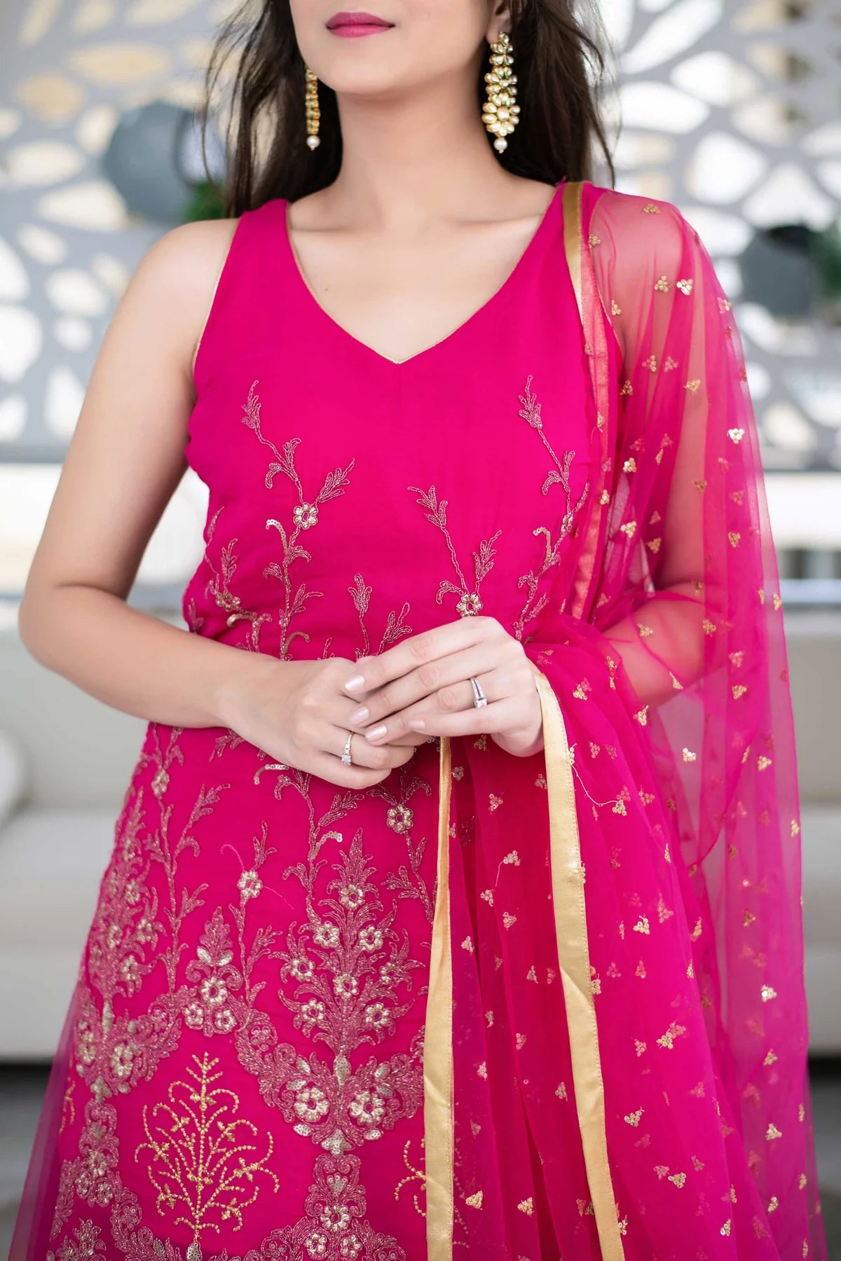 Women Pink Georgette Heavy Work Kurta with Flowing Skirt and Net Dupatta