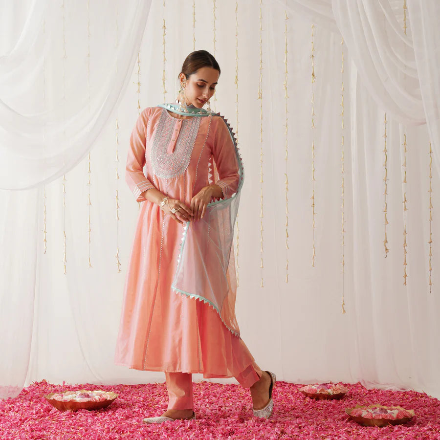 Designer Peach Chanderi Kurta Set with Embroidery and Dupatta