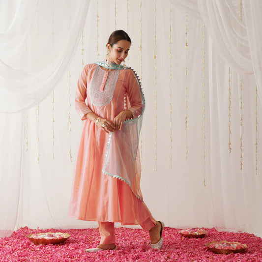 Designer Peach Chanderi Kurta Set with Embroidery and Dupatta