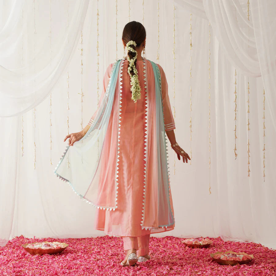 Designer Peach Chanderi Kurta Set with Embroidery and Dupatta