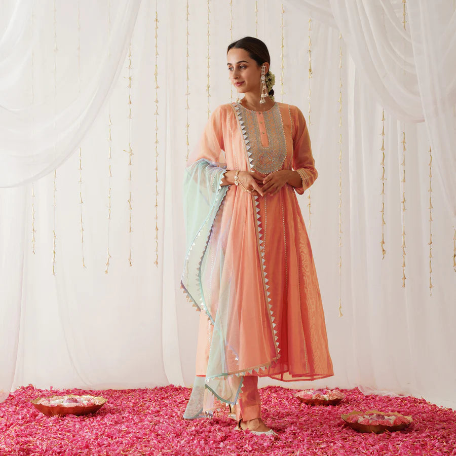 Designer Peach Chanderi Kurta Set with Embroidery and Dupatta