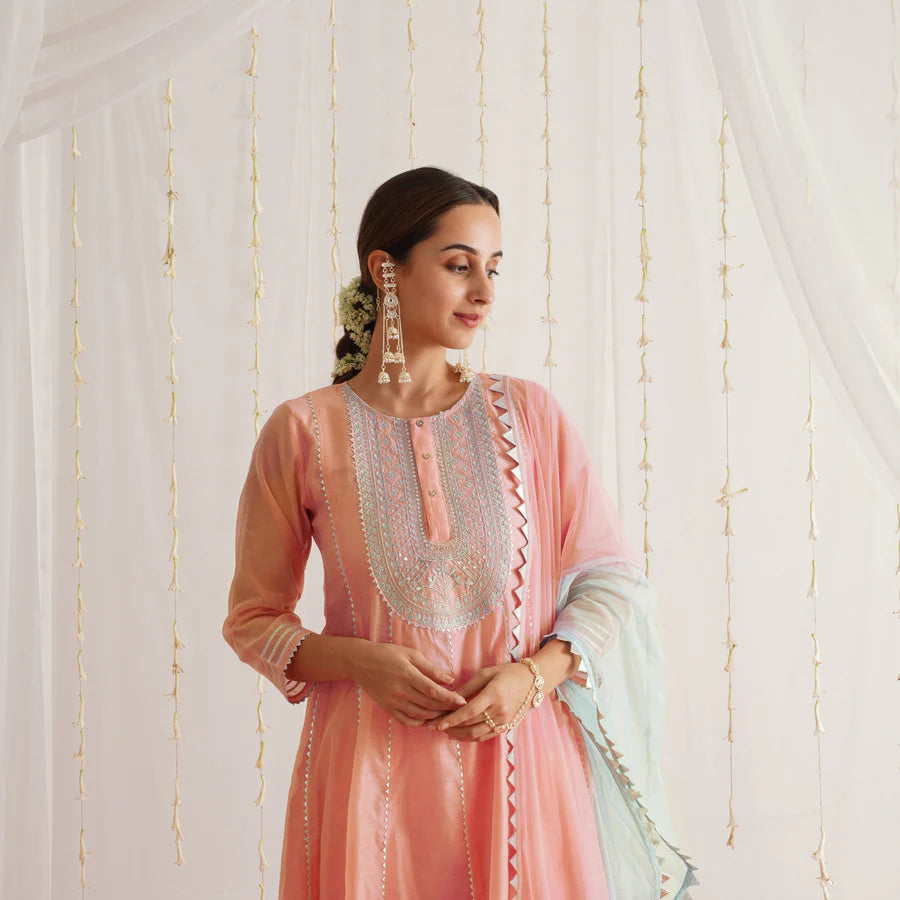 Designer Peach Chanderi Kurta Set with Embroidery and Dupatta