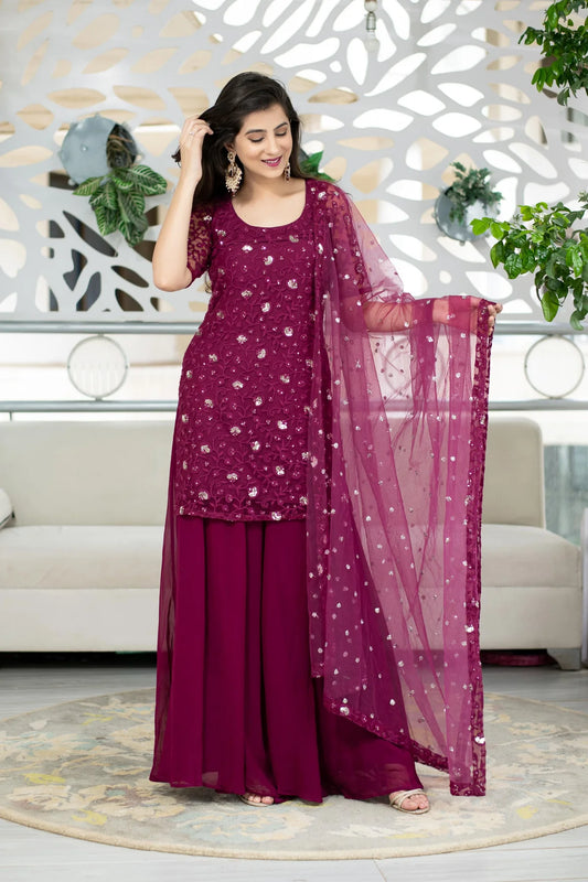 Wine Party Wear Kurta Palazzo Set with Fine Thread Embroidery