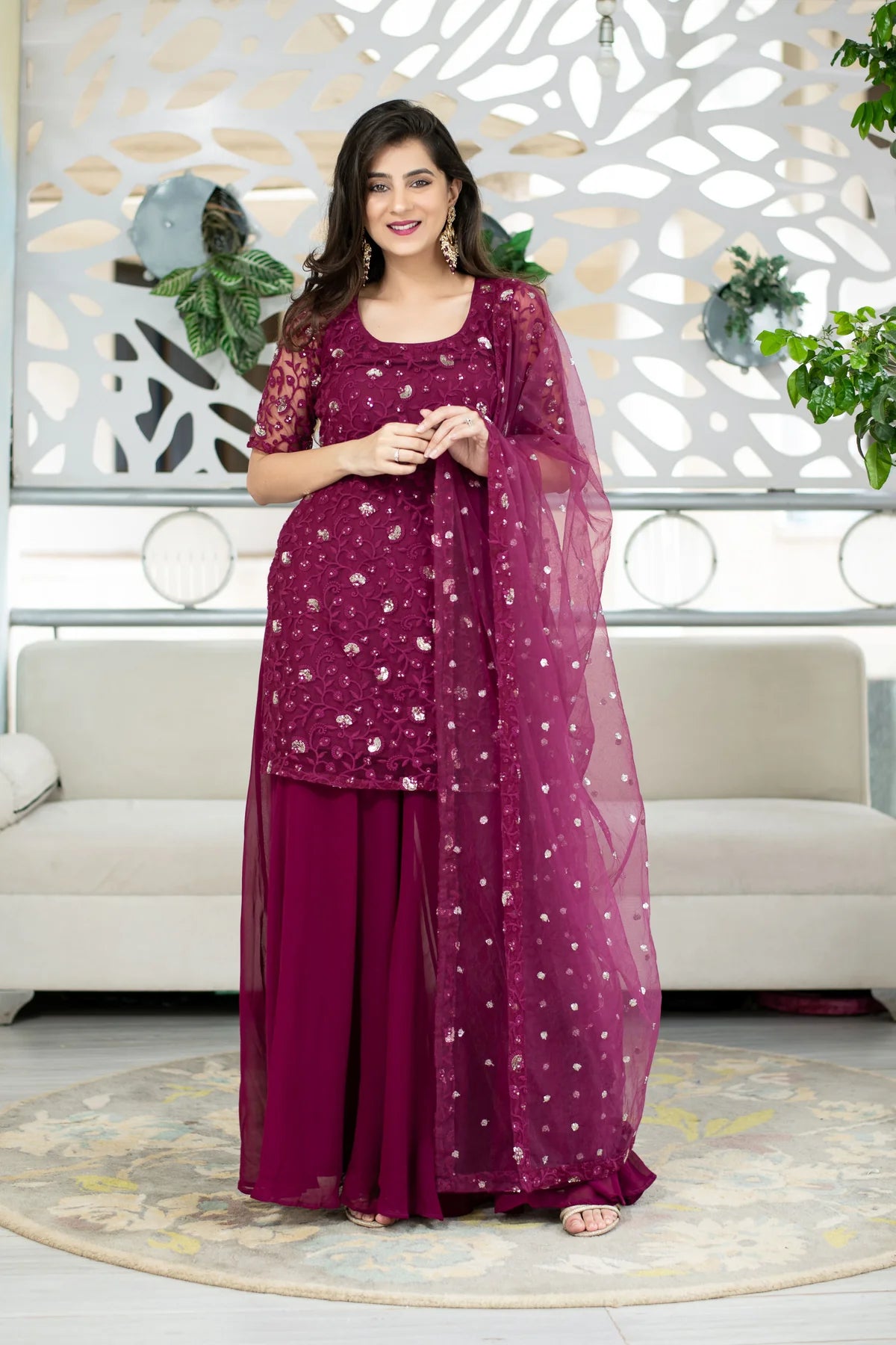 Wine Party Wear Kurta Palazzo Set with Fine Thread Embroidery