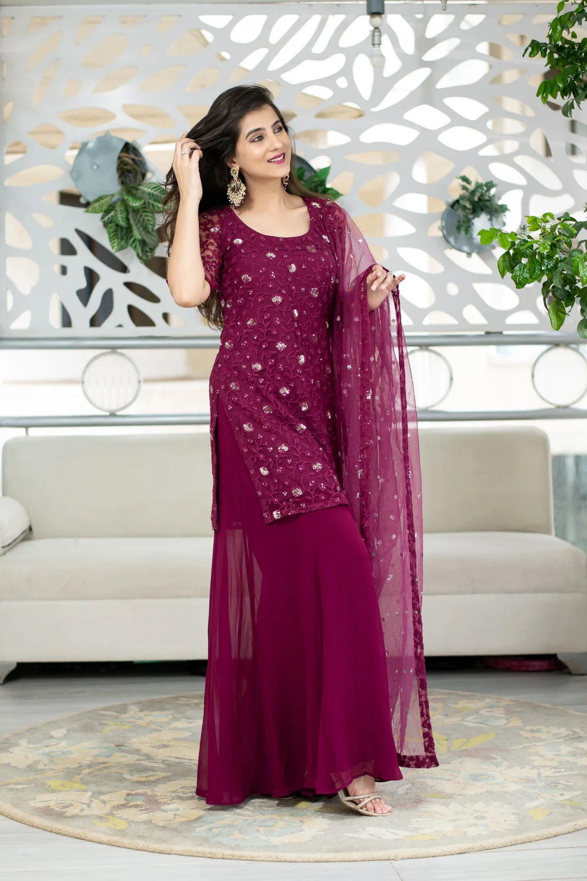 Wine Party Wear Kurta Palazzo Set with Fine Thread Embroidery
