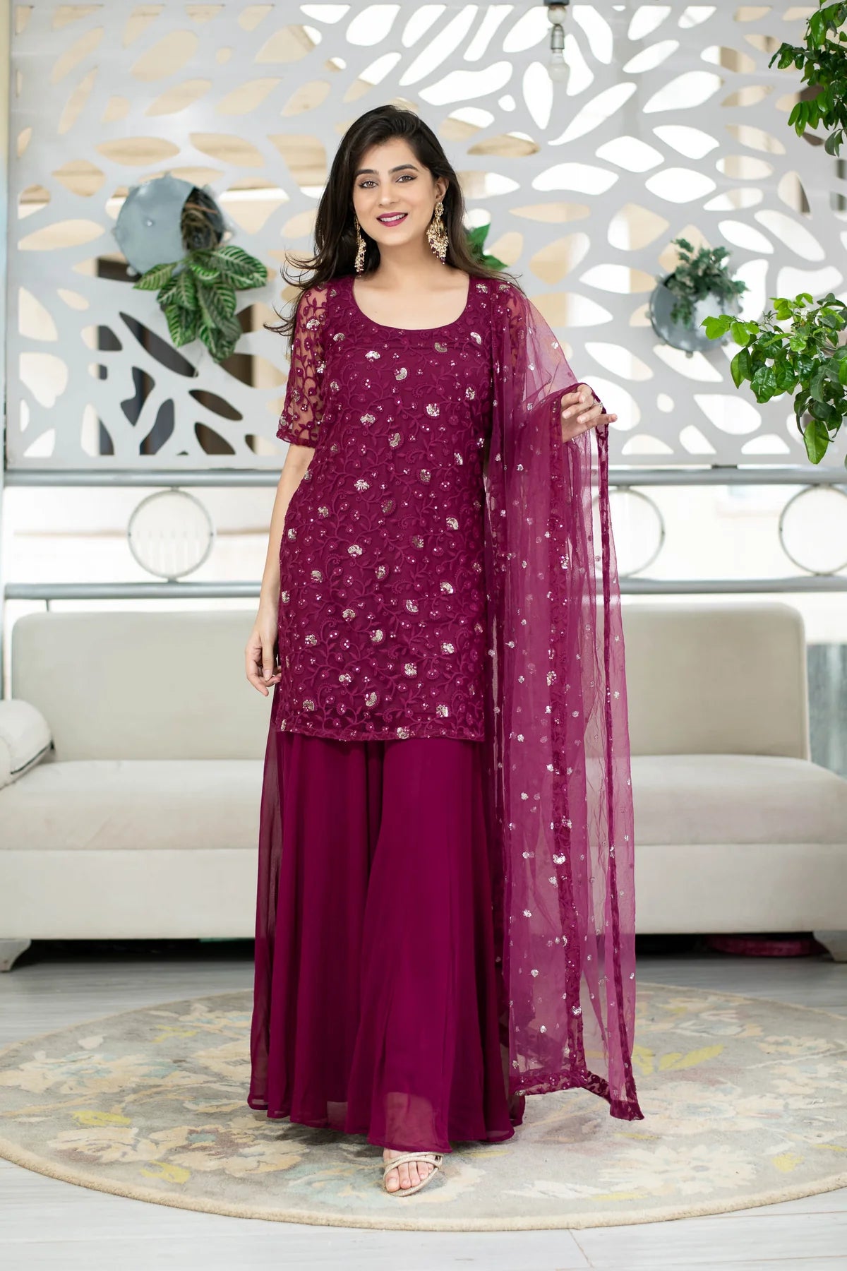 Wine Party Wear Kurta Palazzo Set with Fine Thread Embroidery