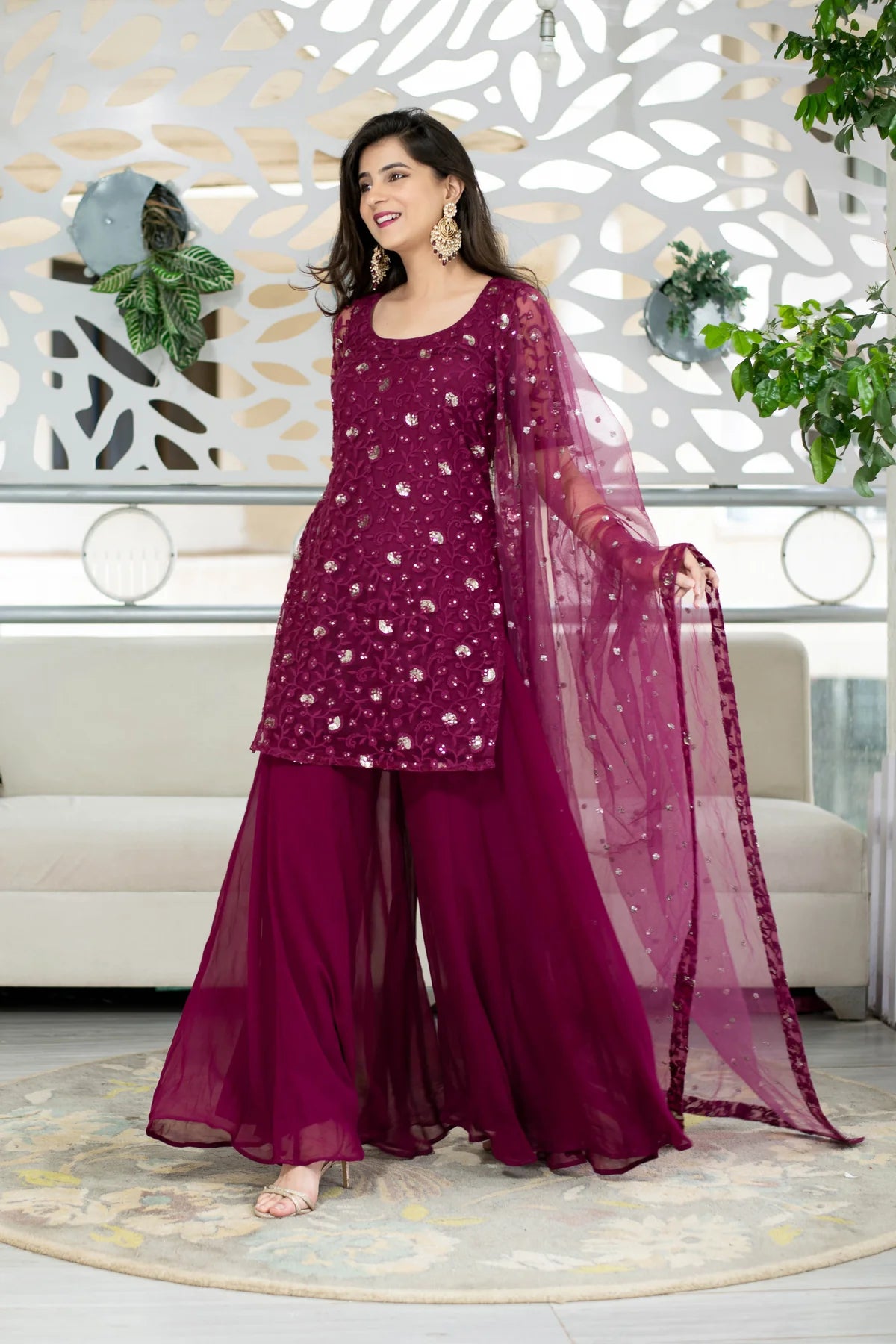 Wine Party Wear Kurta Palazzo Set with Fine Thread Embroidery