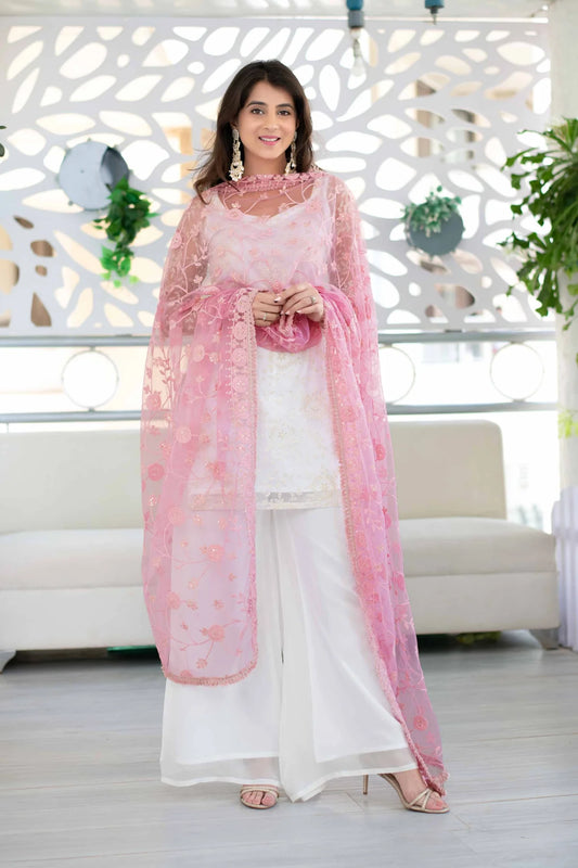 Women Elegant White Palazzo Kurta Suit Set with Contrast Pink Dupatta and Thread Work