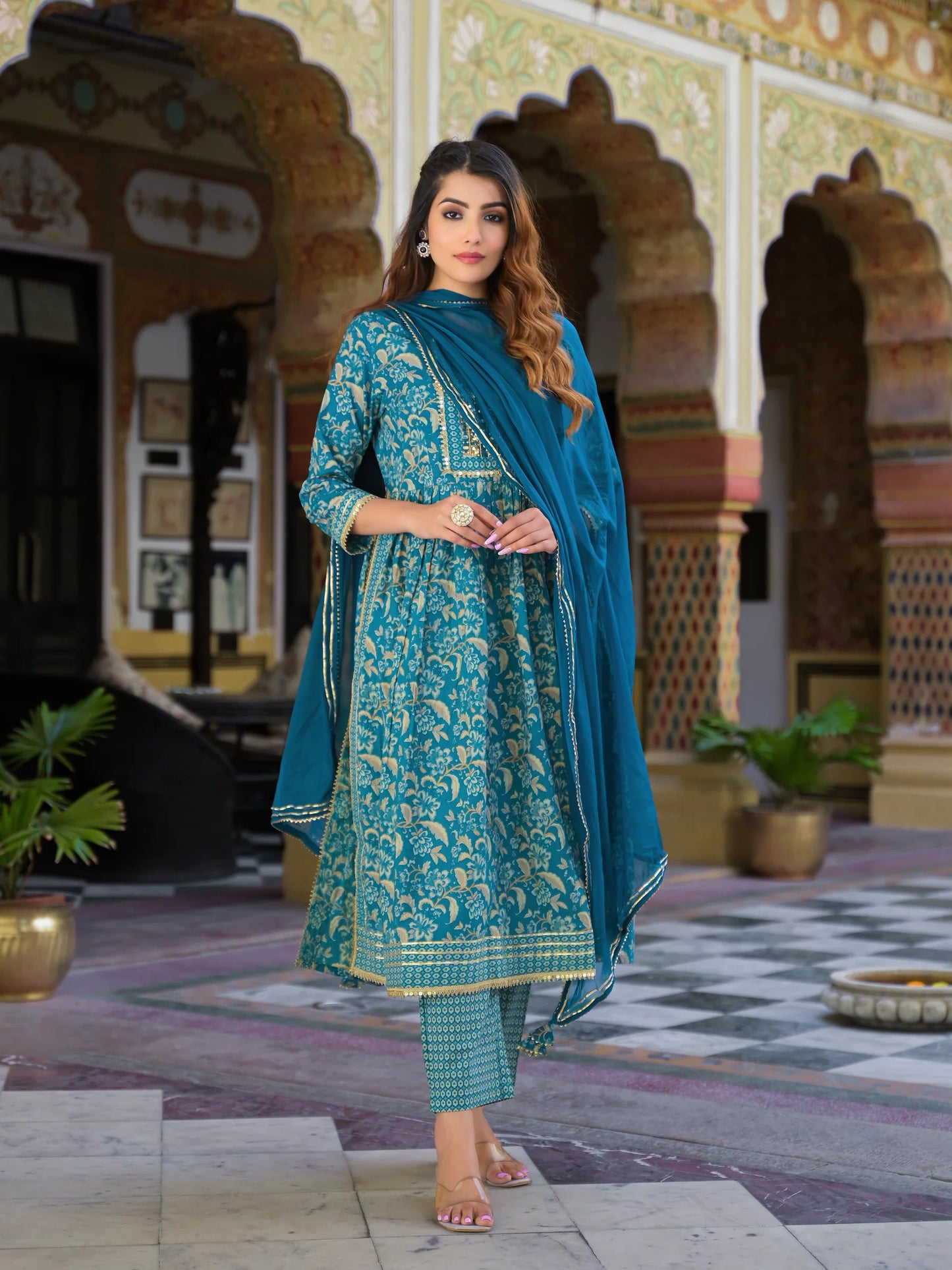 Teal Green Nyra Cut Kurta Pants Dupatta Set with Stylish Floral Pattern