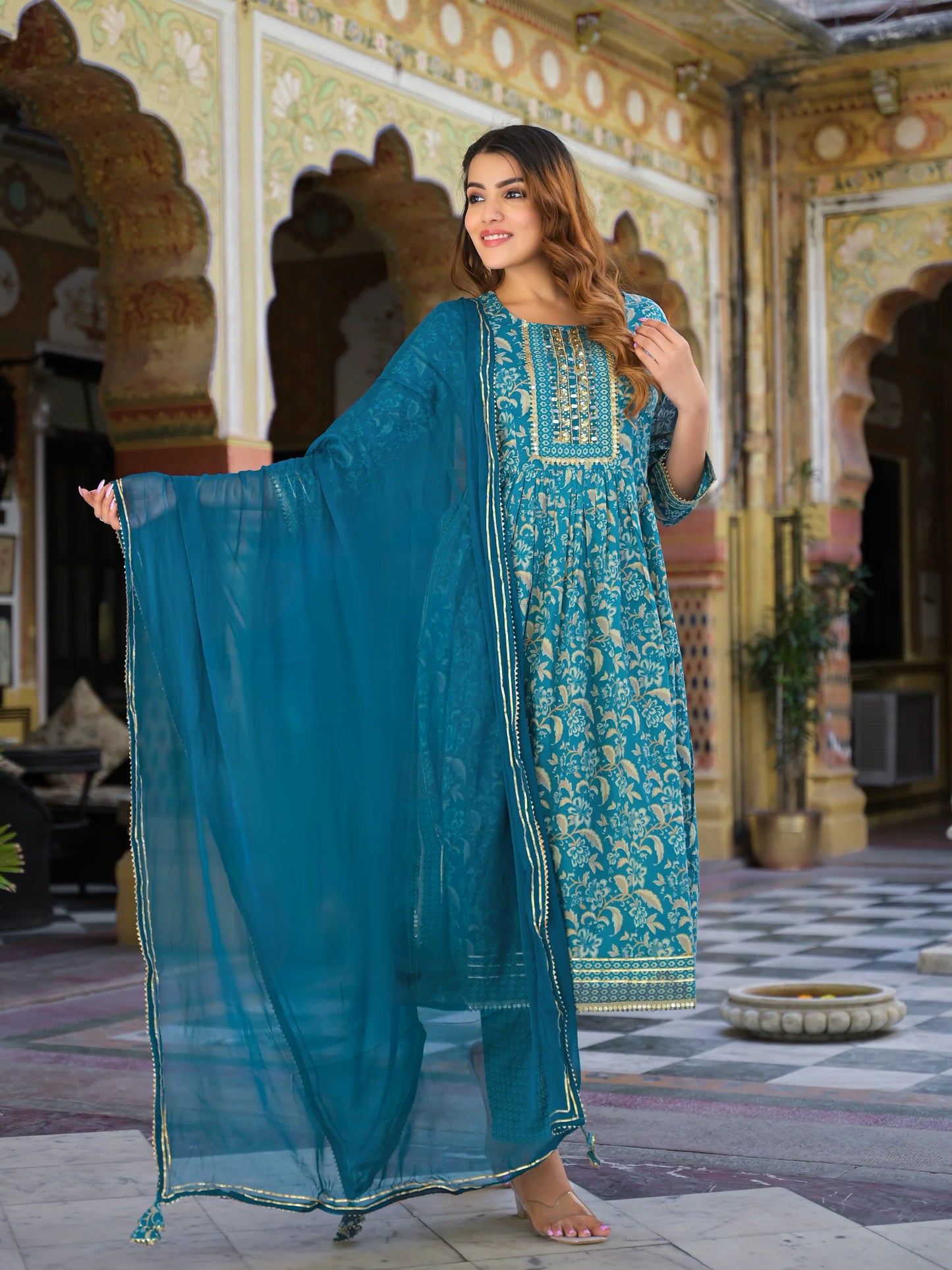 Teal Green Nyra Cut Kurta Pants Dupatta Set with Stylish Floral Pattern