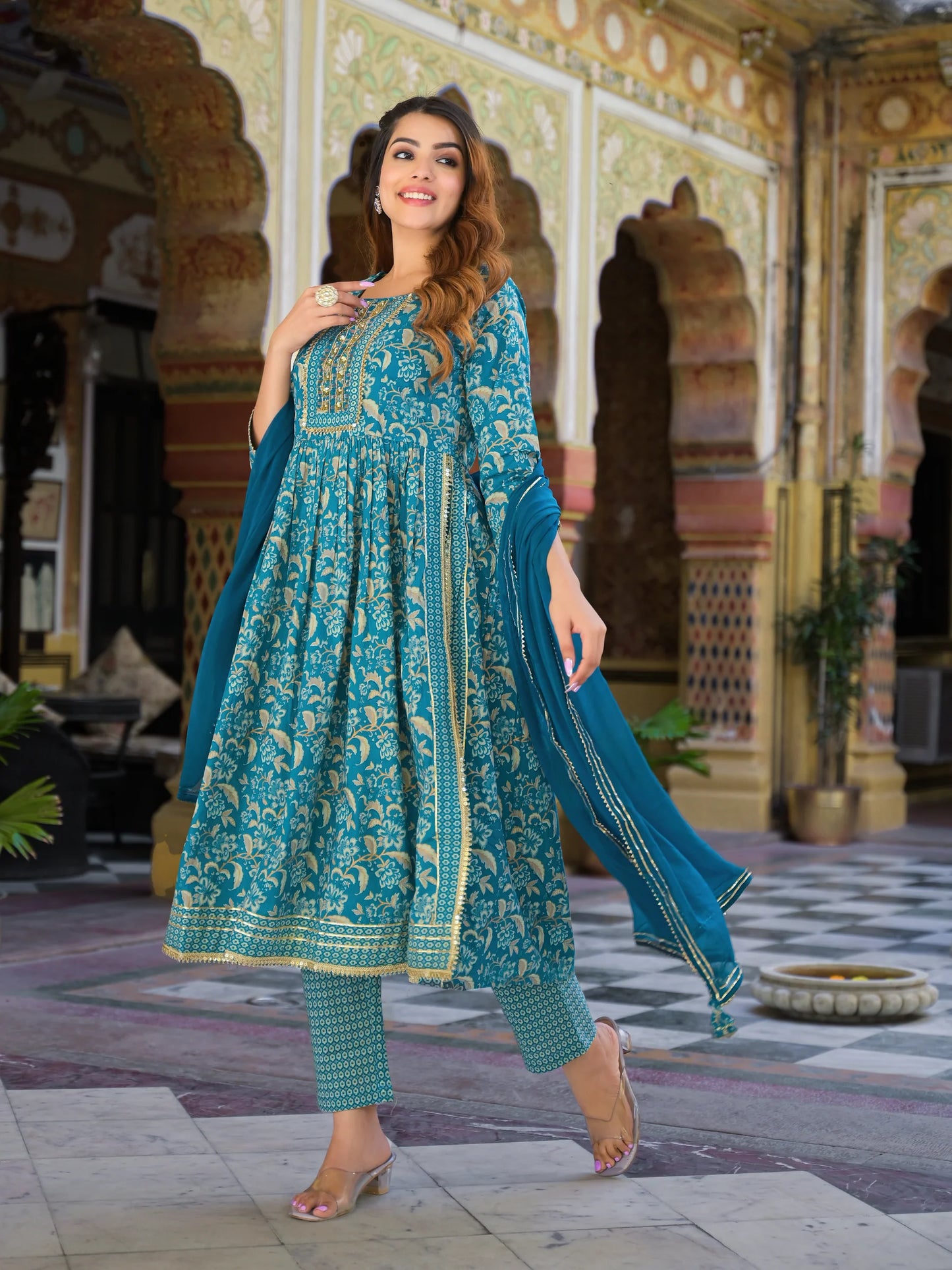 Teal Green Nyra Cut Kurta Pants Dupatta Set with Stylish Floral Pattern