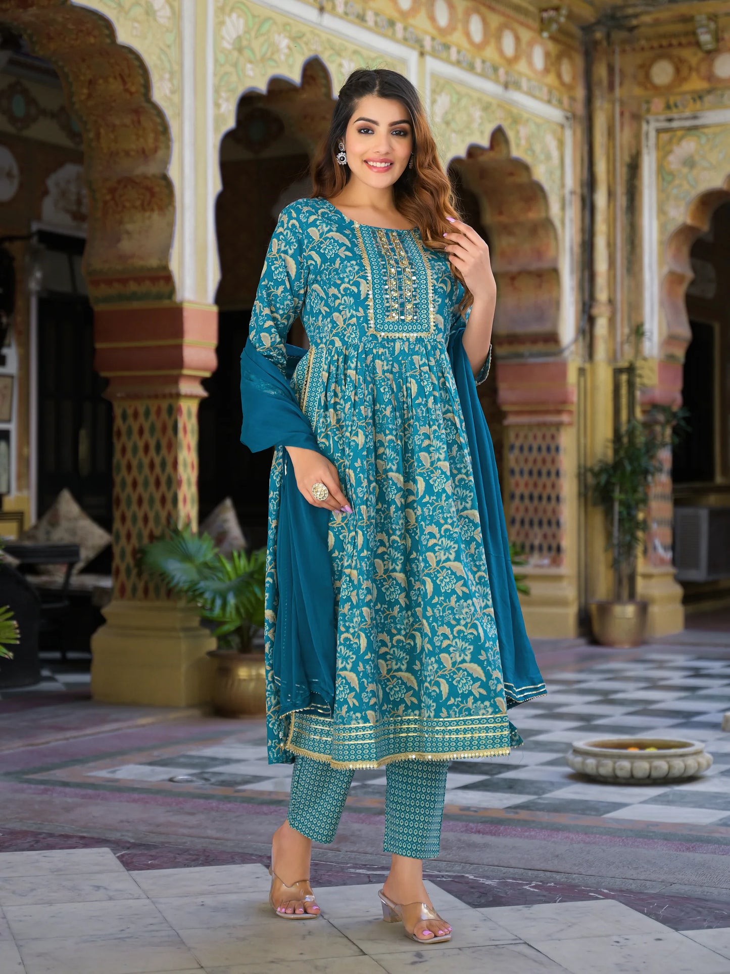 Teal Green Nyra Cut Kurta Pants Dupatta Set with Stylish Floral Pattern