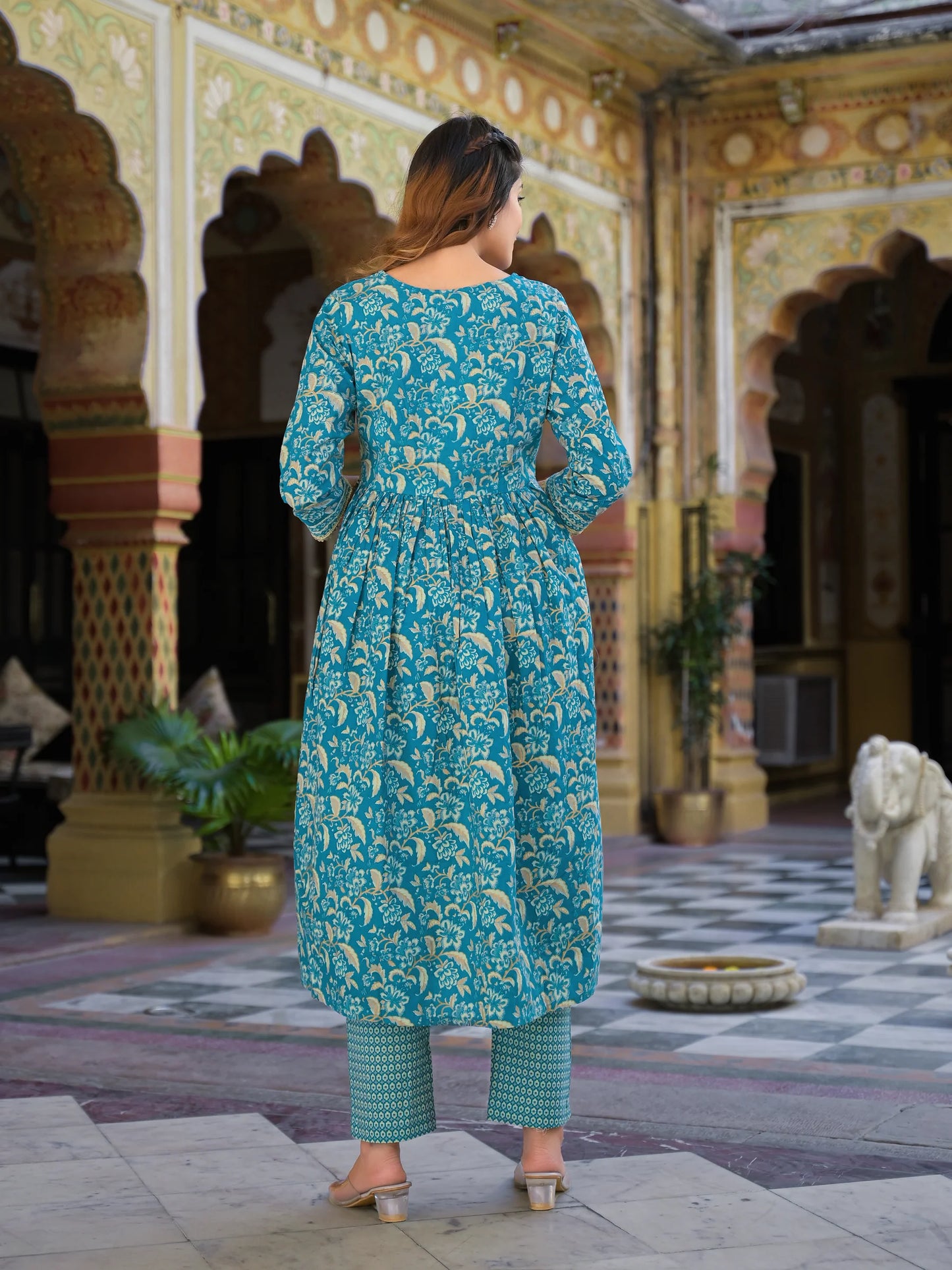 Teal Green Nyra Cut Kurta Pants Dupatta Set with Stylish Floral Pattern