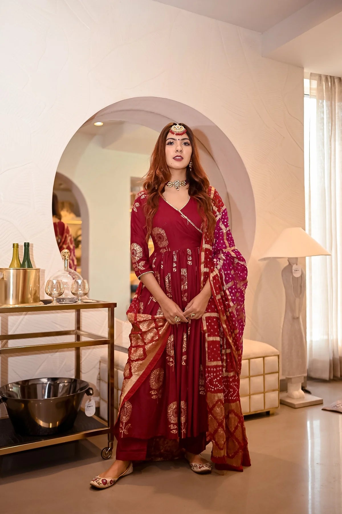 Party Ready Maroon Angrakha Bandhej Suit Set with Matching Dupatta