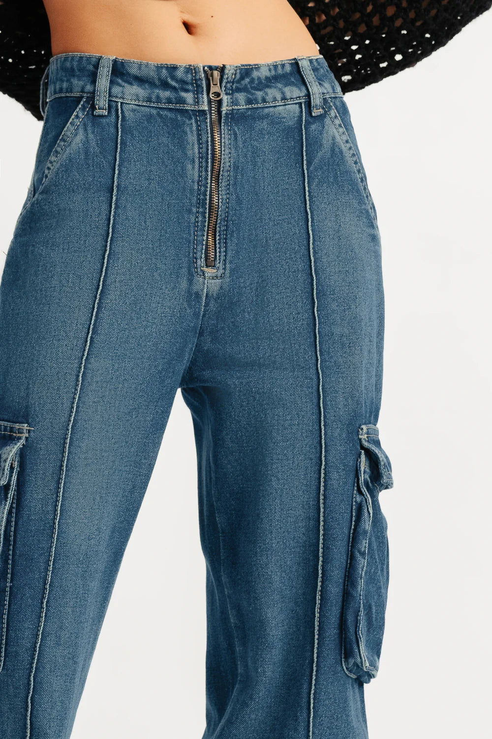 Premium Blue Pintuck Straight Cargo Jeans for Women – Durable and Trendy Denim