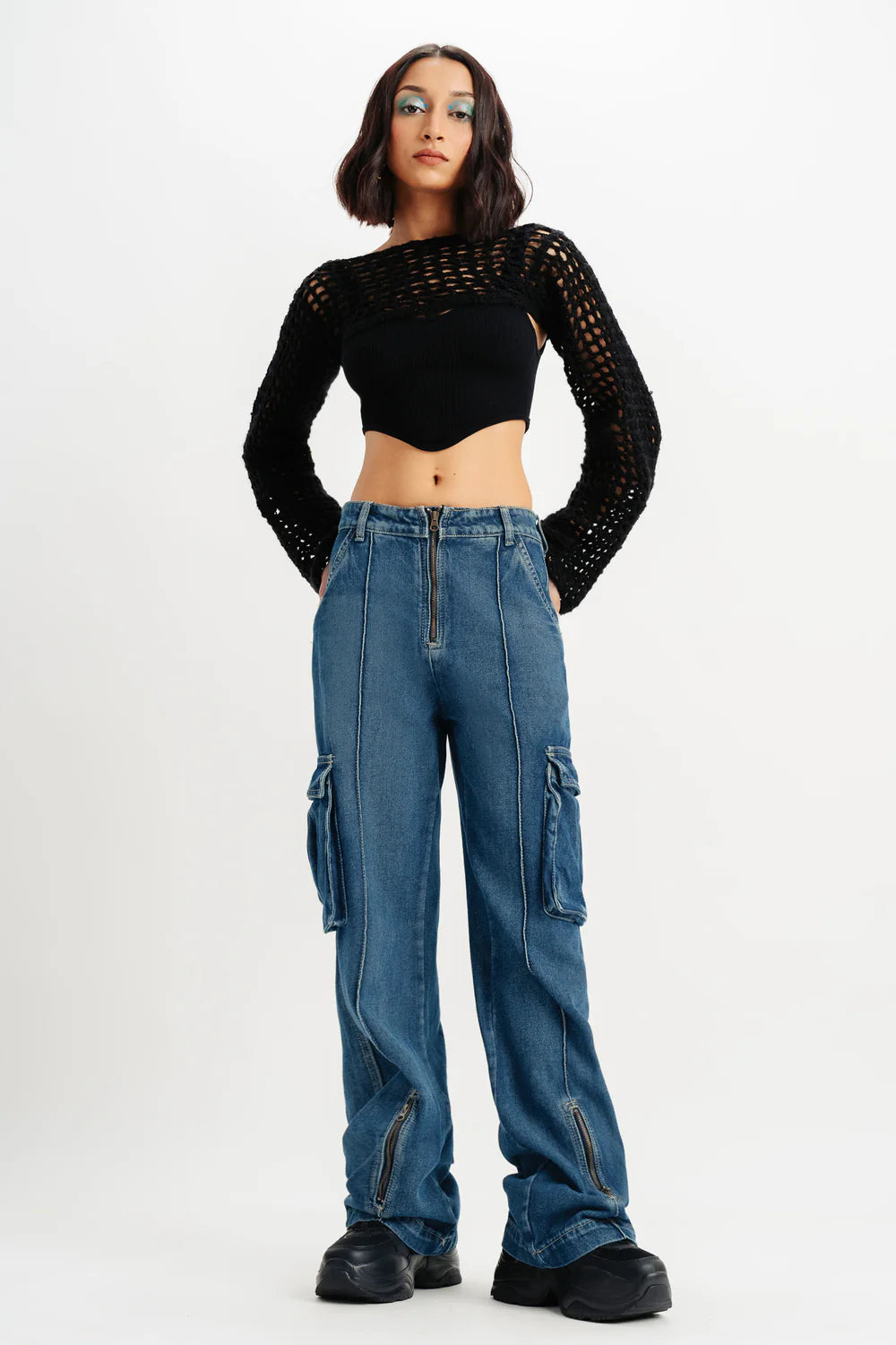 Premium Blue Pintuck Straight Cargo Jeans for Women – Durable and Trendy Denim