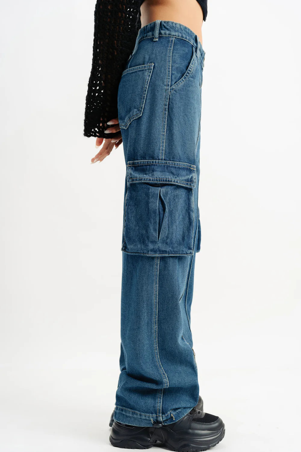 Premium Blue Pintuck Straight Cargo Jeans for Women – Durable and Trendy Denim