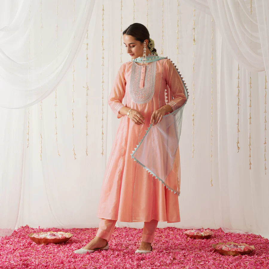 Designer Peach Chanderi Kurta Set with Embroidery and Dupatta