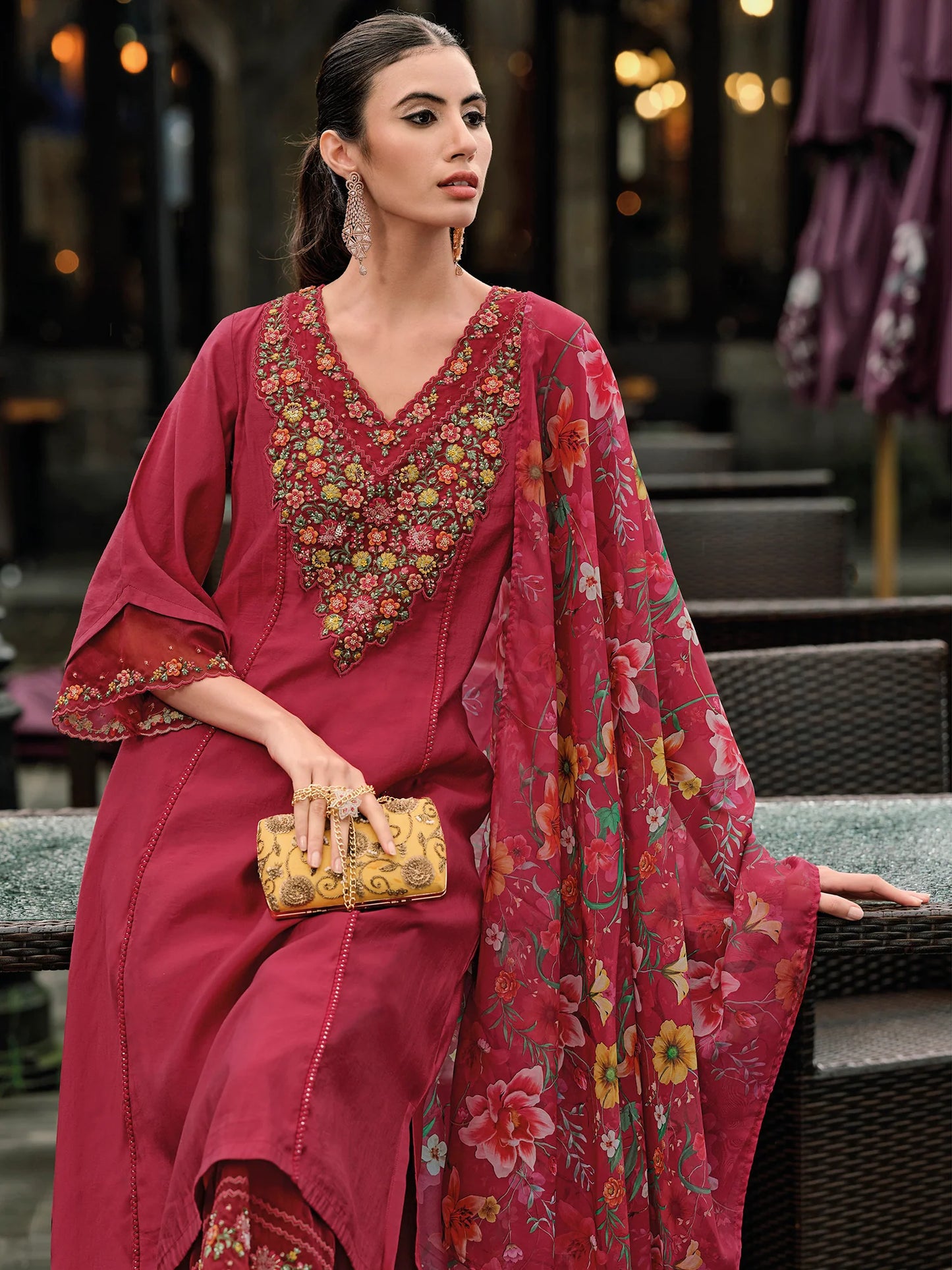 Elegant Red Embroidered Kurta Trousers with Matching Dupatta