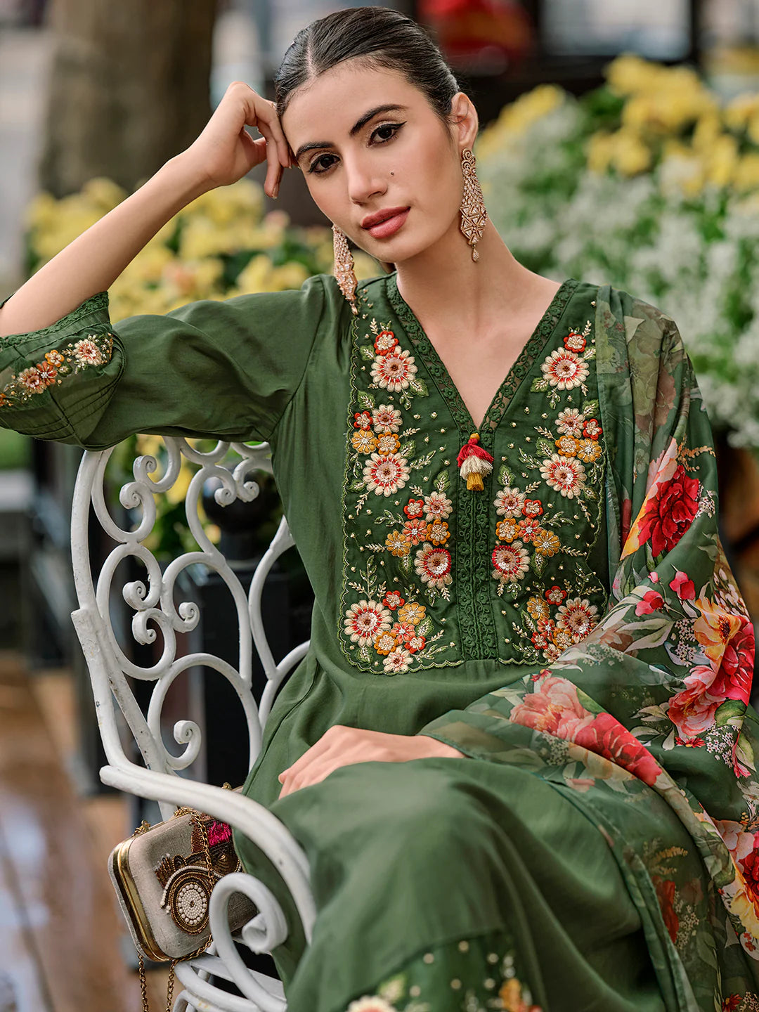 Designer Green Peach Red Kurta Trousers Dupatta Set for Festivals and Special Occasions