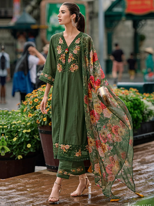 Designer Green Peach Red Kurta Trousers Dupatta Set for Festivals and Special Occasions