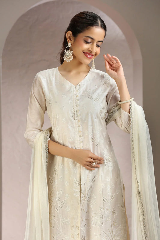Elegant Off White Chanderi Kurta Pant and Dupatta Suit Set for Women in Comfortable A-Line Fit