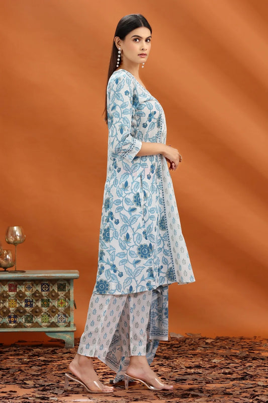 Fashionable Off White & Blue Jaipuri Cotton A-Line Kurta Pant and Dupatta Set for Women for Ethnic Occasions