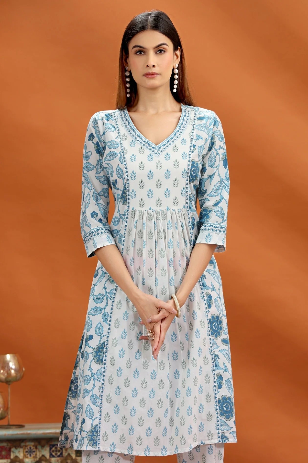 Fashionable Off White & Blue Jaipuri Cotton A-Line Kurta Pant and Dupatta Set for Women for Ethnic Occasions
