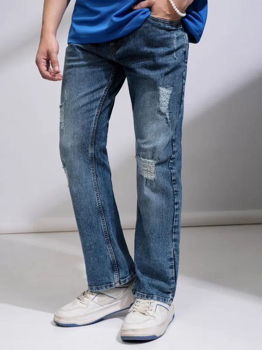 Light Blue Bootcut Highly Distressed Stretchable Jeans for Men with Stylish Design
