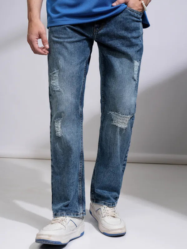 Light Blue Bootcut Highly Distressed Stretchable Jeans for Men with Stylish Design