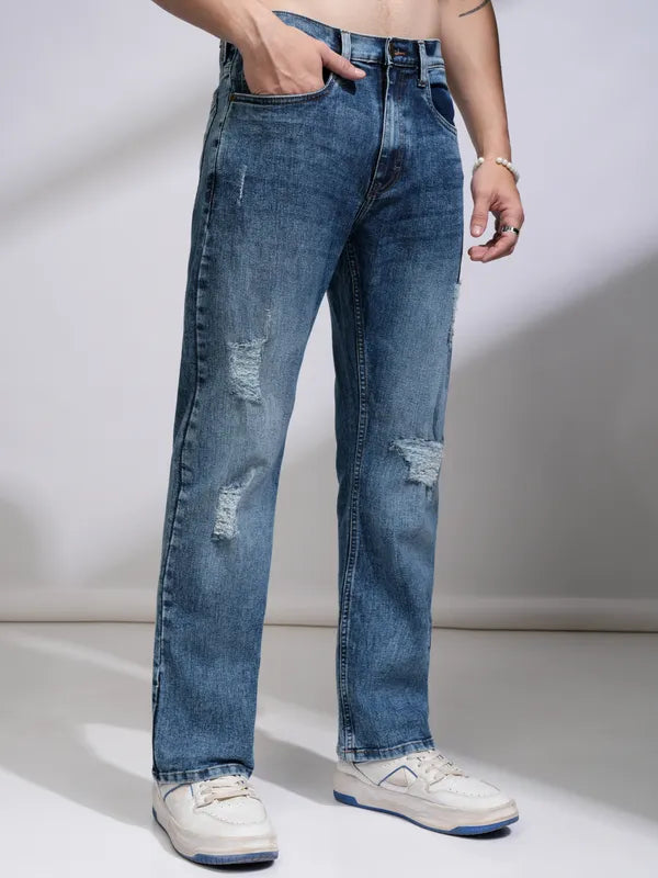 Light Blue Bootcut Highly Distressed Stretchable Jeans for Men with Stylish Design