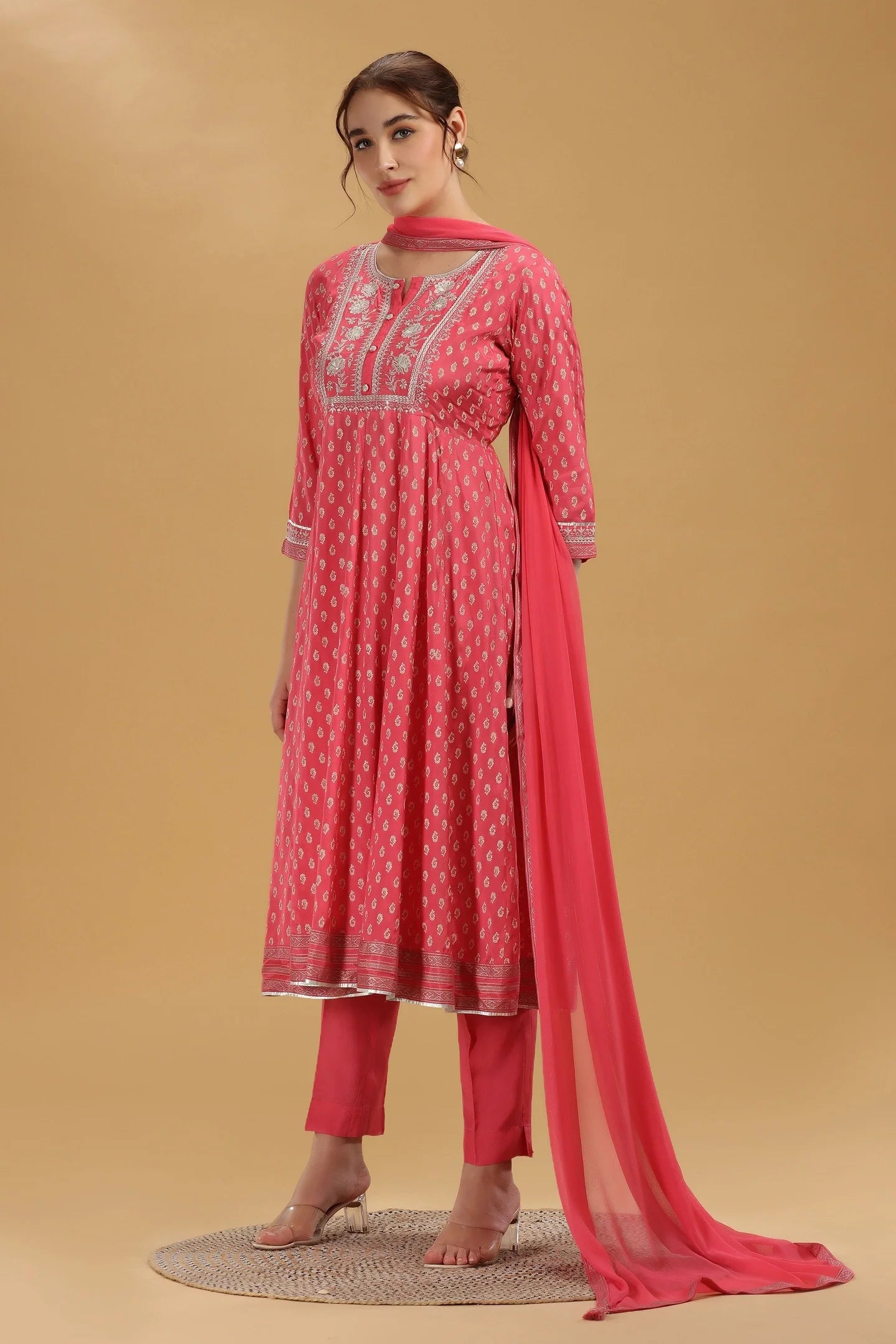Fashionable Pink Santoon A-Line Kurta Pant and Dupatta Suit Set for Women with Elegant Print and Embroidery