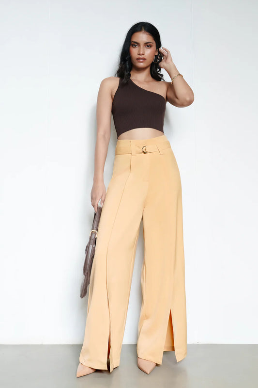 Elegant Light Beige Belted Women’s Flared Korean Pants with High Waist Fit