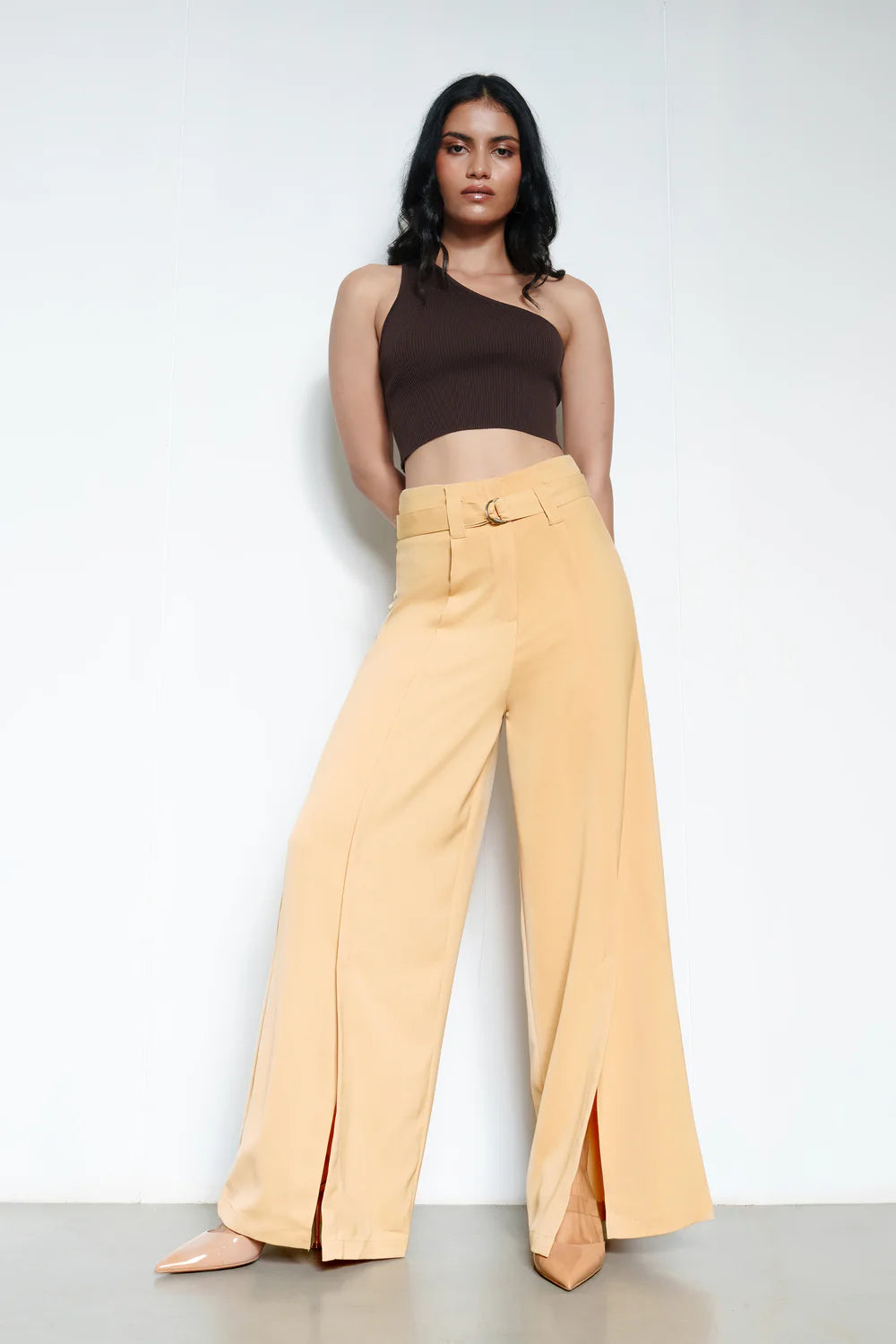 Elegant Light Beige Belted Women’s Flared Korean Pants with High Waist Fit