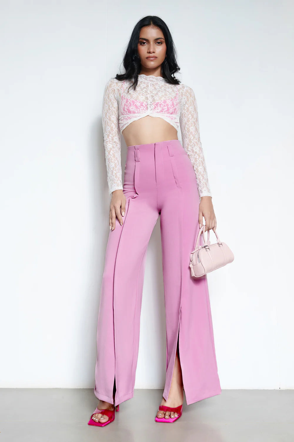 Stylish Flora Pink Front Slit Women’s Wide Pants with Elegant Flowing Silhouette