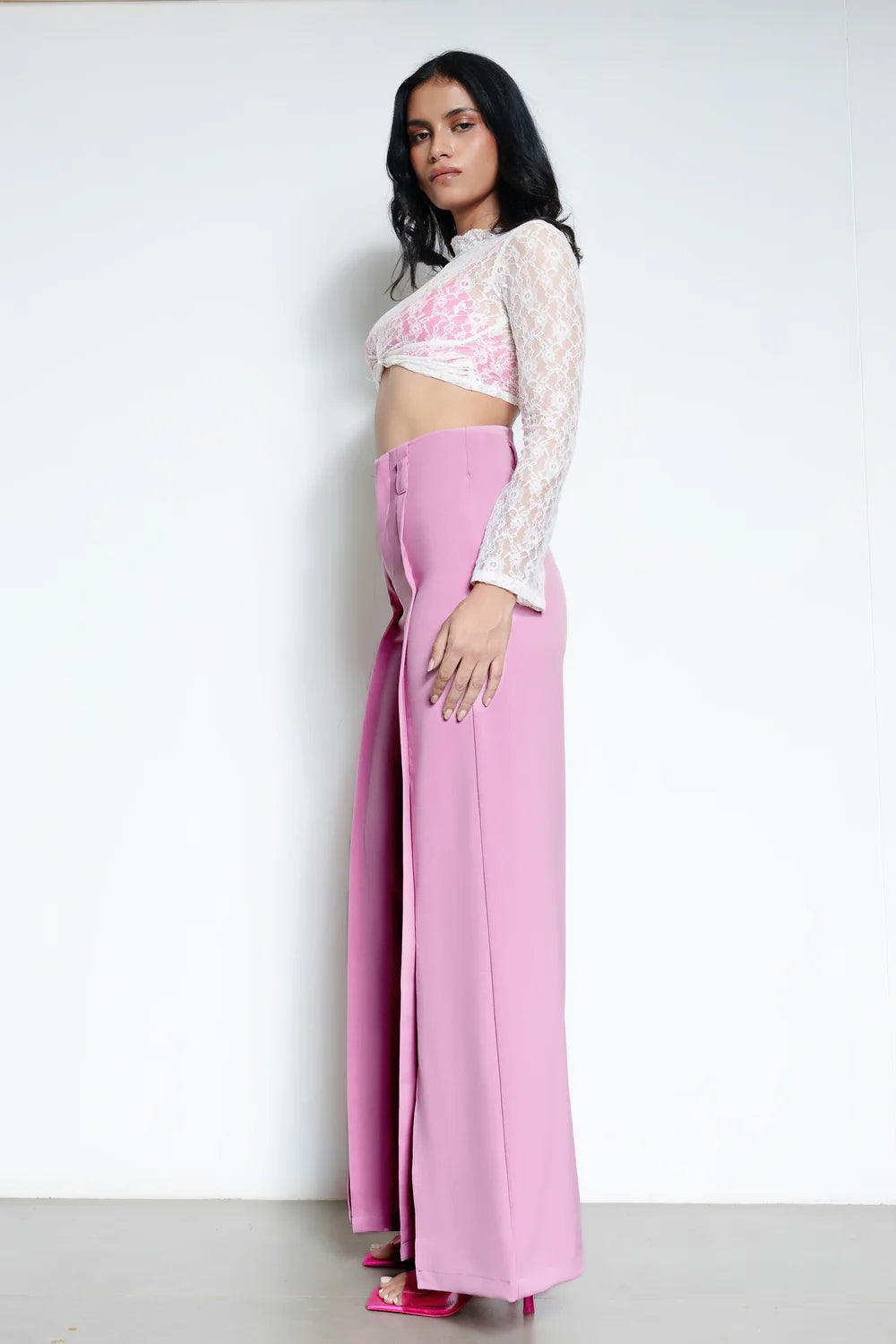 Stylish Flora Pink Front Slit Women’s Wide Pants with Elegant Flowing Silhouette