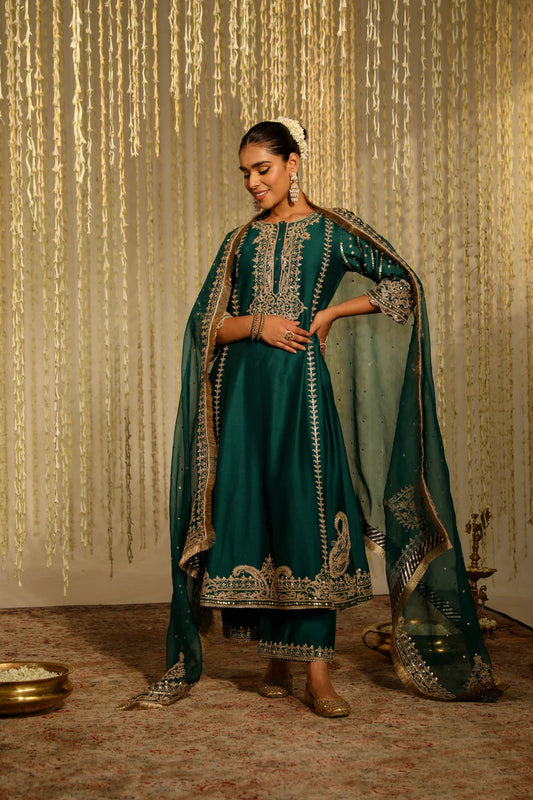 Elegant Emerald Green Long Kurta Set with Palazzo Pants and Dupatta – Festive & Wedding Party Wear Ethnic Outfit for Women