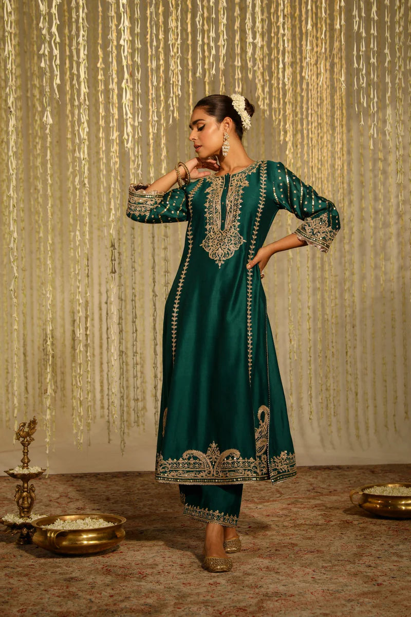 Elegant Emerald Green Long Kurta Set with Palazzo Pants and Dupatta – Festive & Wedding Party Wear Ethnic Outfit for Women