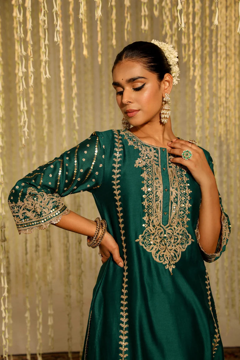 Elegant Emerald Green Long Kurta Set with Palazzo Pants and Dupatta – Festive & Wedding Party Wear Ethnic Outfit for Women